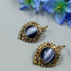 Gold-Tone Blue Cat's Eye Stone Drop Earrings with Crystal Accents
